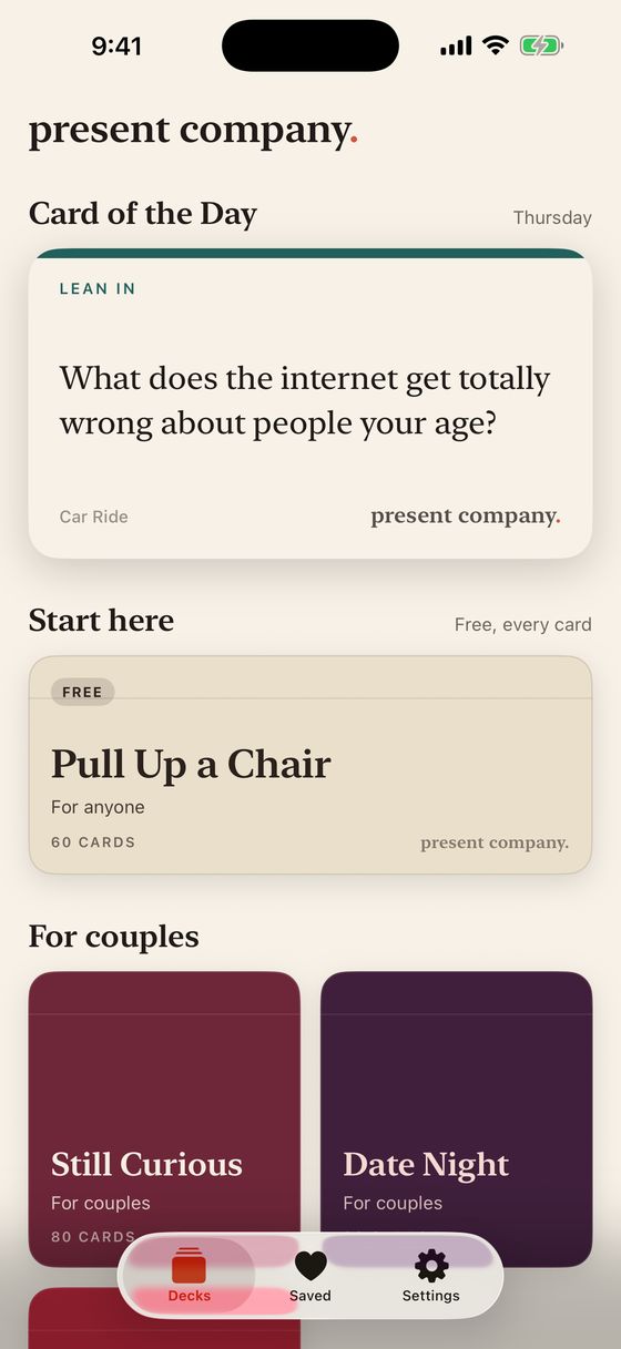 The app's home screen with the Card of the Day and the decks